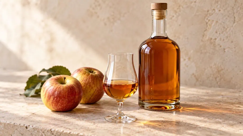 Calvados ambré dans un verre tulipe avec pommes et bouteille neutre