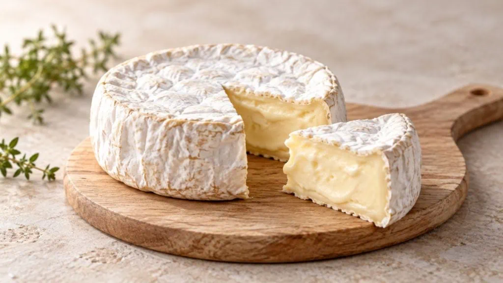 Camembert entier avec une part coupée montrant sa pâte crémeuse