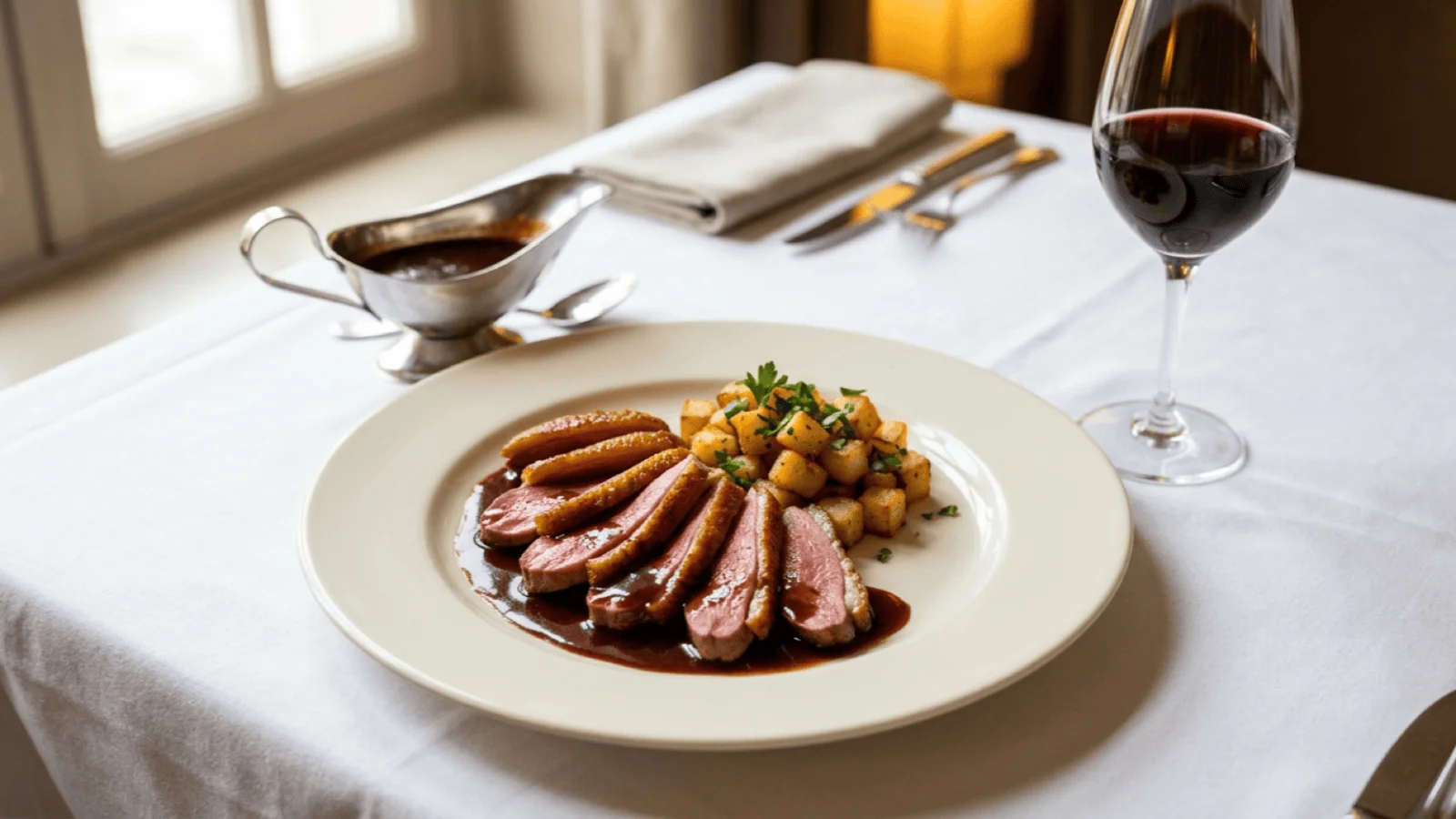 Canard à la rouennaise : aiguillettes de canard rosées nappées de sauce au vin rouge, pommes de terre sautées et saucière, dans un restaurant