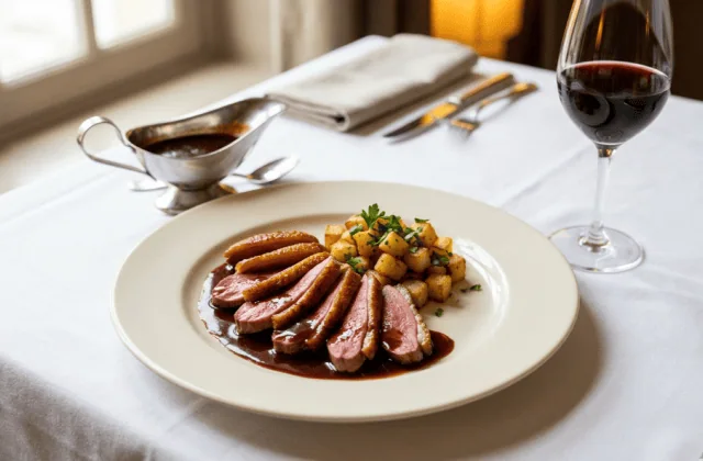 Canard à la rouennaise : aiguillettes de canard rosées nappées de sauce au vin rouge, pommes de terre sautées et saucière, dans un restaurant