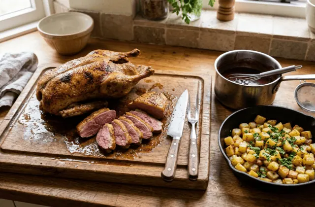 Canard à la rouennaise simplifié : canard rôti découpé sur la planche, sauce au vin rouge et au foie, pommes de terre sautées
