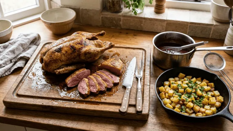 Canard à la rouennaise simplifié : canard rôti découpé sur la planche, sauce au vin rouge et au foie, pommes de terre sautées
