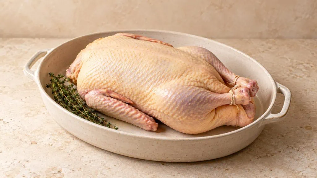 Canard entier cru prêt à cuire dans un plat en grès
