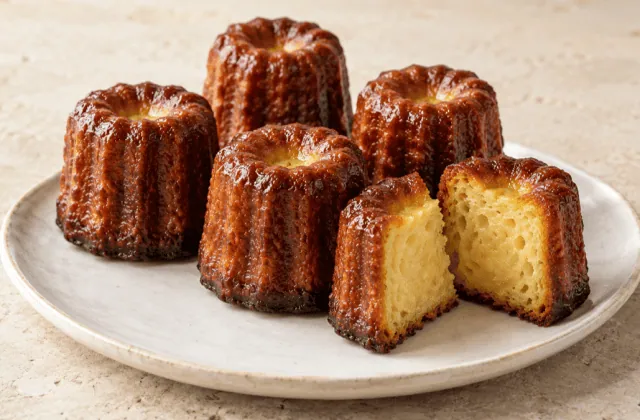 Canelés bordelais caramélisés avec un canelé coupé