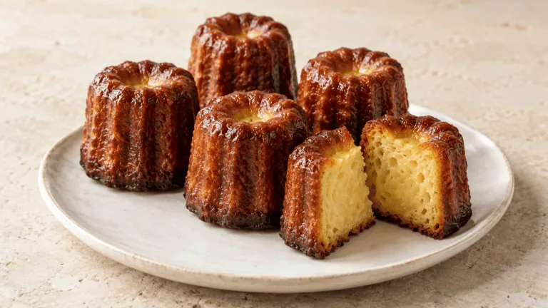 Canelés bordelais caramélisés avec un canelé coupé