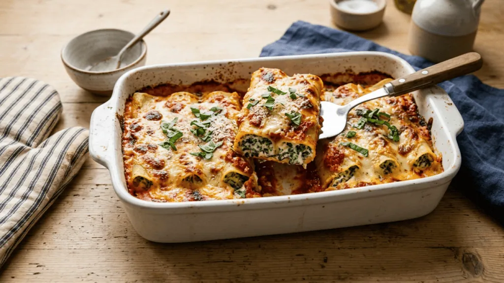 Cannelloni ricotta épinards gratinés dans un plat, sauce tomate et béchamel, part soulevée montrant la farce verte