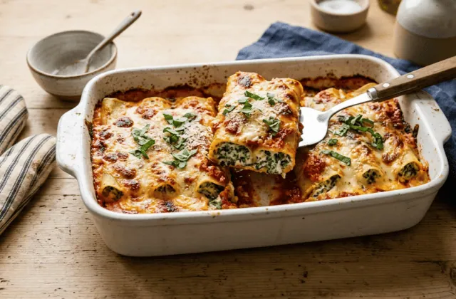 Cannelloni ricotta épinards gratinés dans un plat, sauce tomate et béchamel, part soulevée montrant la farce verte