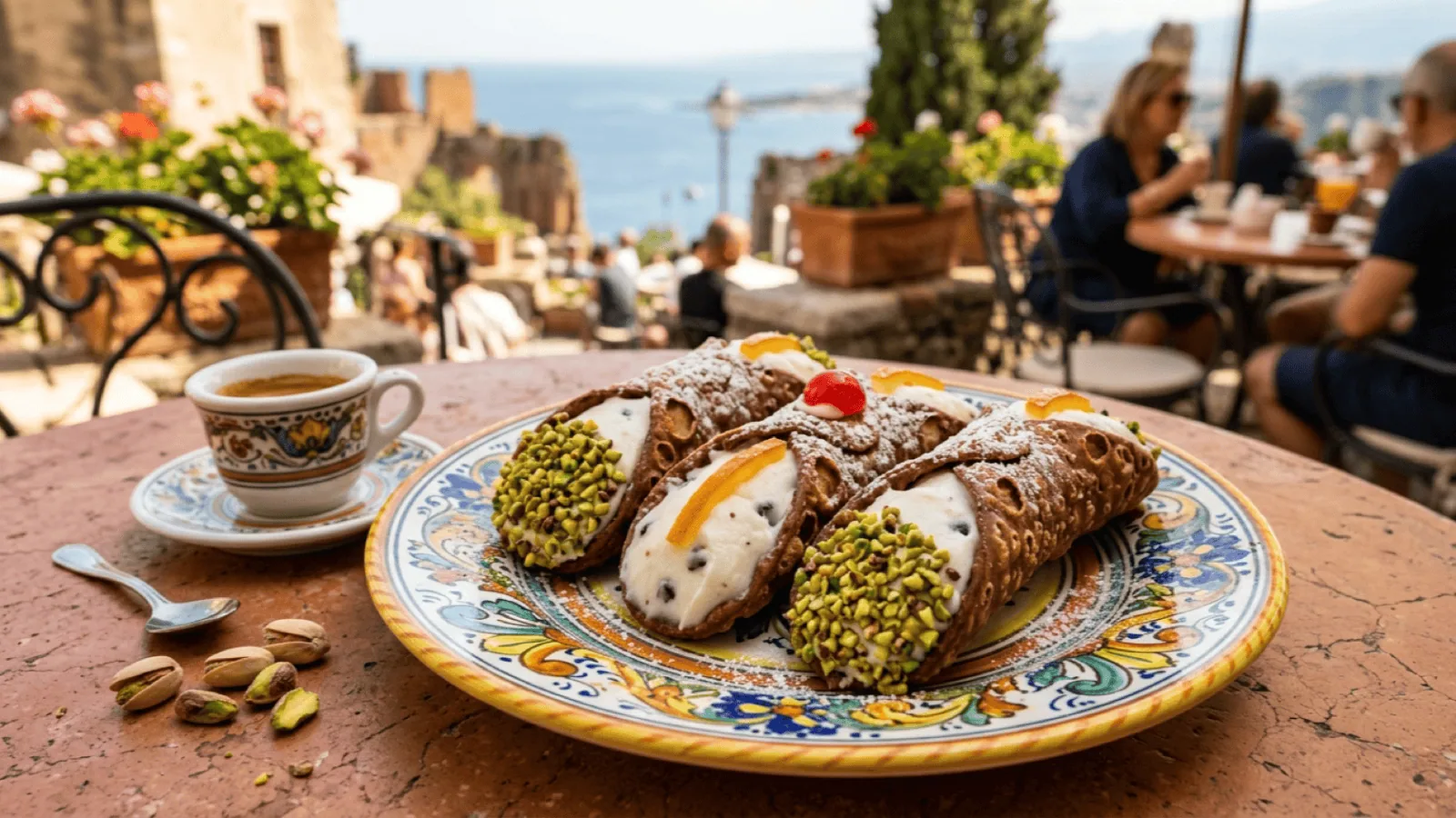 Cannoli siciliens à la ricotta, pistaches, orange confite et cerise confite sur une assiette en céramique, avec un espresso en terrasse