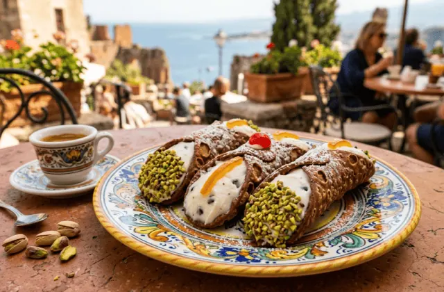 Cannoli siciliens à la ricotta, pistaches, orange confite et cerise confite sur une assiette en céramique, avec un espresso en terrasse