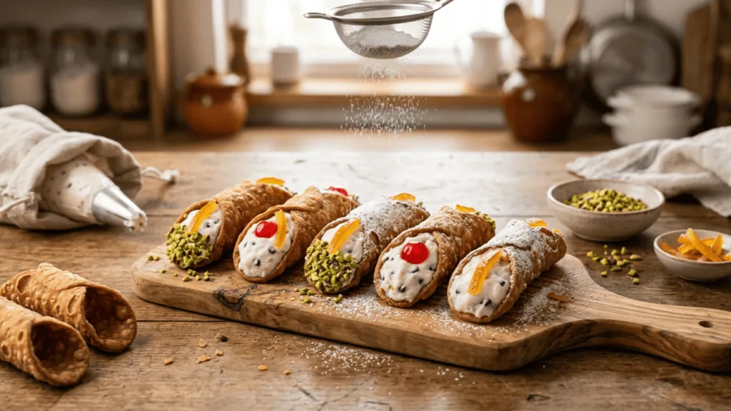 Cannoli siciliens maison à la ricotta sur une planche, saupoudrés de sucre glace, avec poche à douille, coques vides, pistaches et écorces d’orange confites
