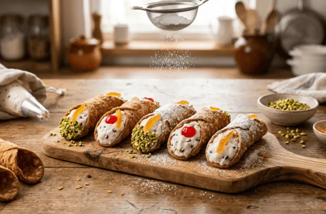 Cannoli siciliens maison à la ricotta sur une planche, saupoudrés de sucre glace, avec poche à douille, coques vides, pistaches et écorces d’orange confites