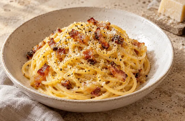 Spaghetti alla carbonara avec guanciale, pecorino et poivre noir