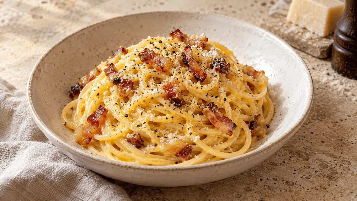 Spaghetti alla carbonara avec guanciale, pecorino et poivre noir