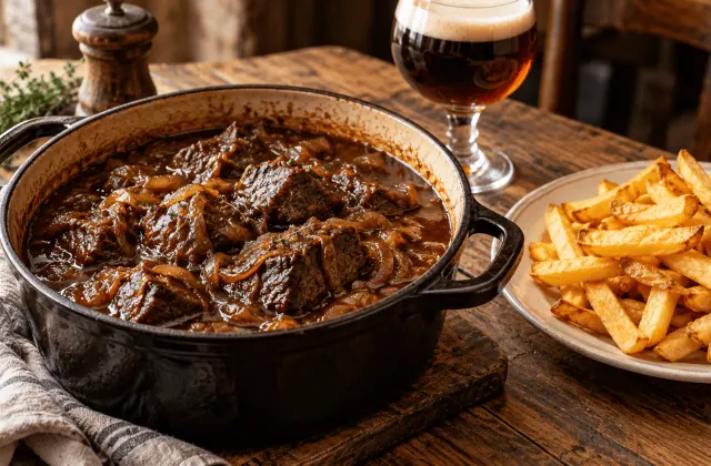 Carbonnade flamande au bœuf et aux oignons dans une cocotte avec des frites