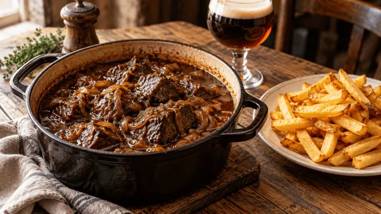 Carbonnade flamande au bœuf et aux oignons dans une cocotte avec des frites