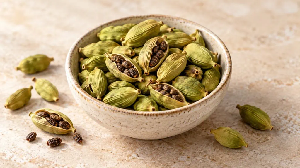 Gousses de cardamome verte et graines dans un bol