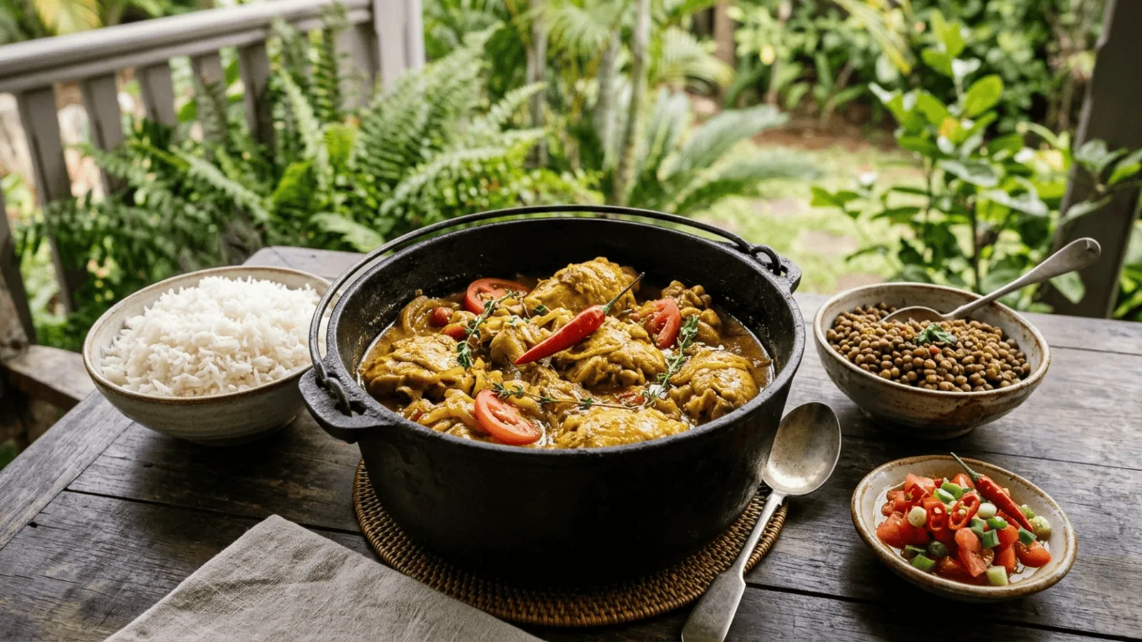 Cari poulet réunionnais dans une marmite en fonte : poulet mijoté au safran péi, tomates, thym et piment, riz blanc, grains et rougail