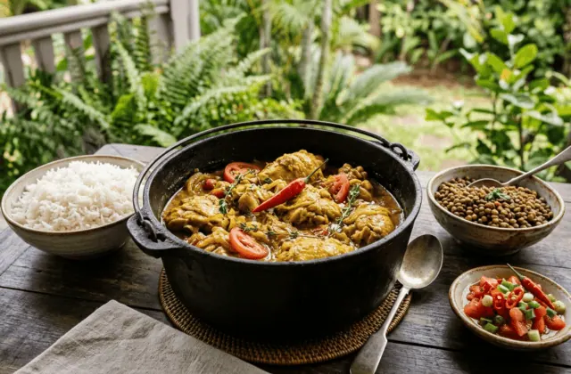 Cari poulet réunionnais dans une marmite en fonte : poulet mijoté au safran péi, tomates, thym et piment, riz blanc, grains et rougail
