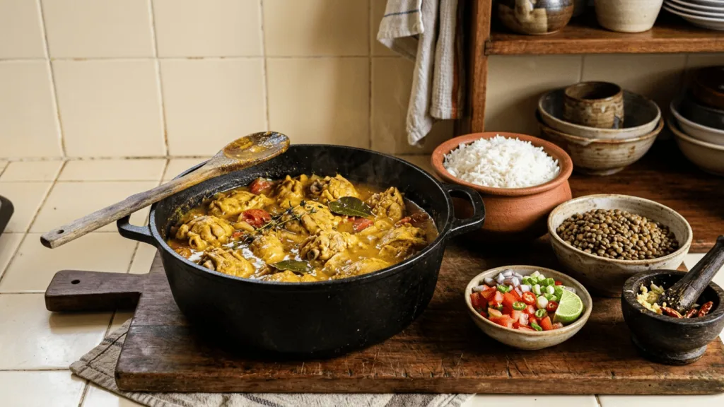 Cari poulet maison dans la marmite en fonte, riz blanc, lentilles, rougail tomate et pilon à côté