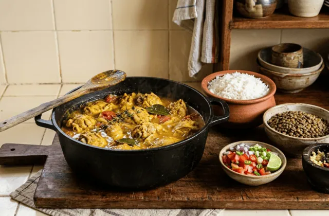 Cari poulet maison dans la marmite en fonte, riz blanc, lentilles, rougail tomate et pilon à côté
