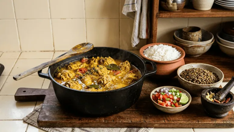 Cari poulet maison dans la marmite en fonte, riz blanc, lentilles, rougail tomate et pilon à côté
