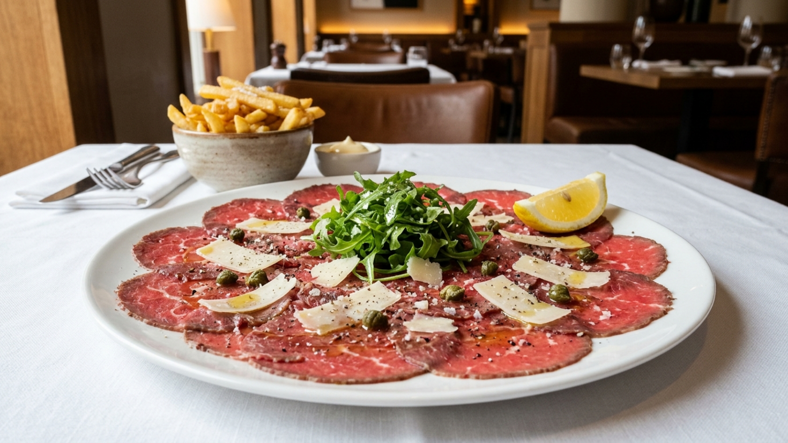 Carpaccio de bœuf : fines tranches de bœuf cru, huile d’olive, copeaux de parmesan, roquette, câpres et citron, frites en accompagnement