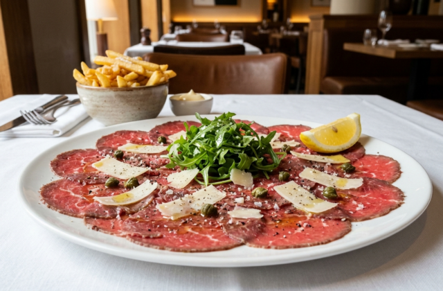 Carpaccio de bœuf : fines tranches de bœuf cru, huile d’olive, copeaux de parmesan, roquette, câpres et citron, frites en accompagnement