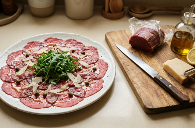 Carpaccio de bœuf maison dressé sur grande assiette, parmesan et roquette, filet de bœuf et couteau à trancher sur la planche