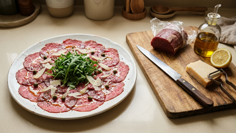 Carpaccio de bœuf maison dressé sur grande assiette, parmesan et roquette, filet de bœuf et couteau à trancher sur la planche