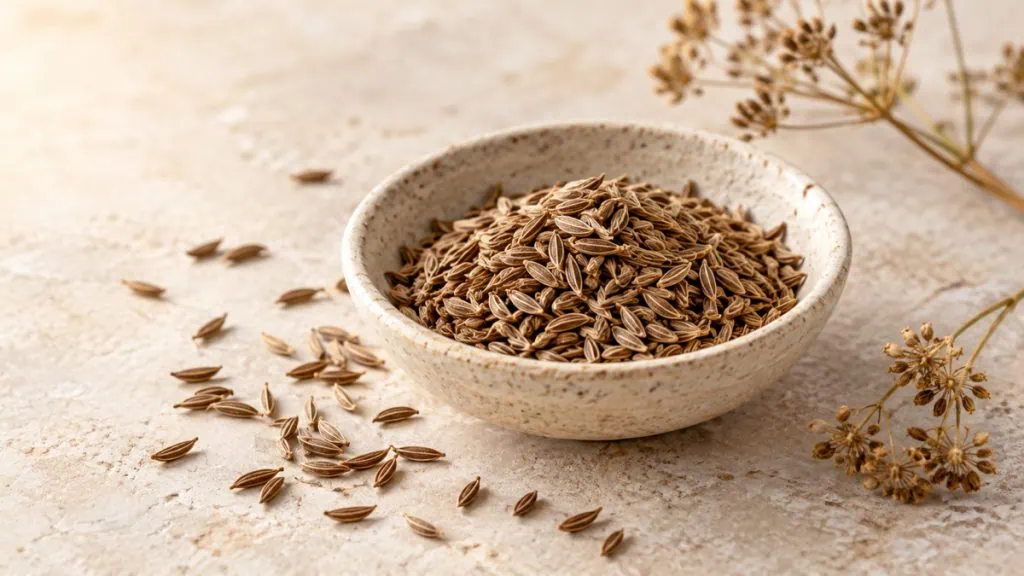 Graines de carvi allongées dans une coupelle en grès clair