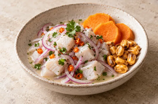 Ceviche péruvien au poisson blanc, oignon rouge et maïs cancha