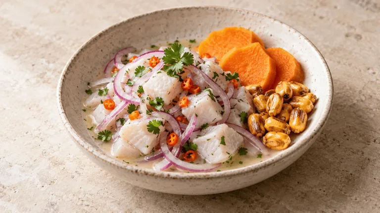 Ceviche péruvien au poisson blanc, oignon rouge et maïs cancha
