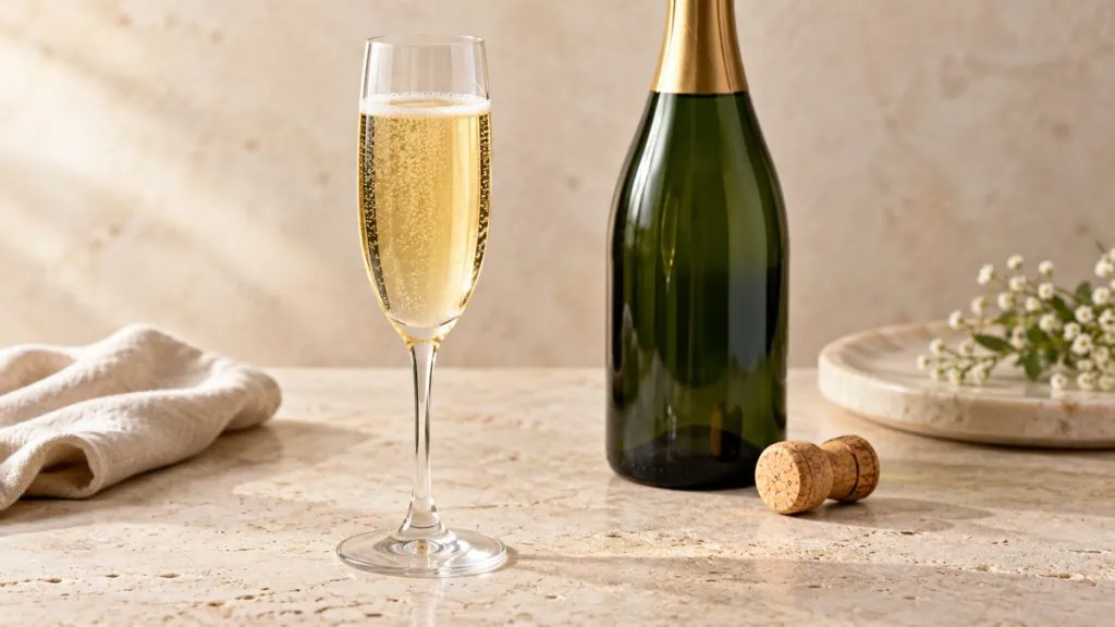 Champagne pâle et pétillant dans une flûte avec une bouteille neutre
