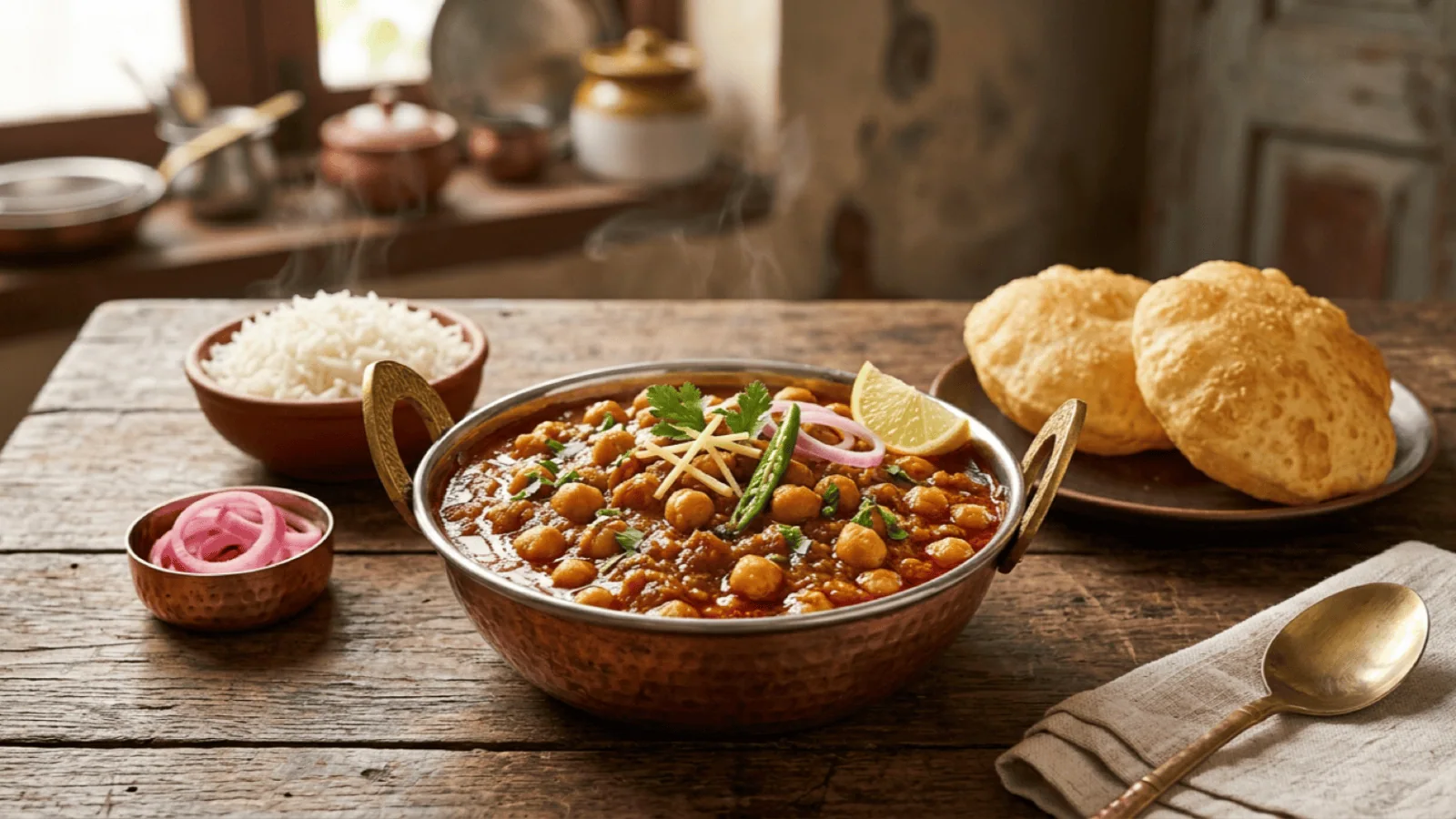 Chana masala dans une karahi en cuivre : pois chiches en sauce oignon-tomate, coriandre, gingembre et piment vert, avec bhaturas, riz basmati et oignons