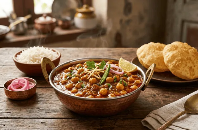 Chana masala dans une karahi en cuivre : pois chiches en sauce oignon-tomate, coriandre, gingembre et piment vert, avec bhaturas, riz basmati et oignons