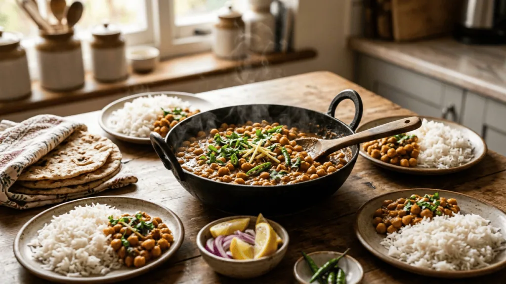 Chana masala maison dans une karahi, assiettes de riz basmati, galettes, oignon rouge, citron et piments verts