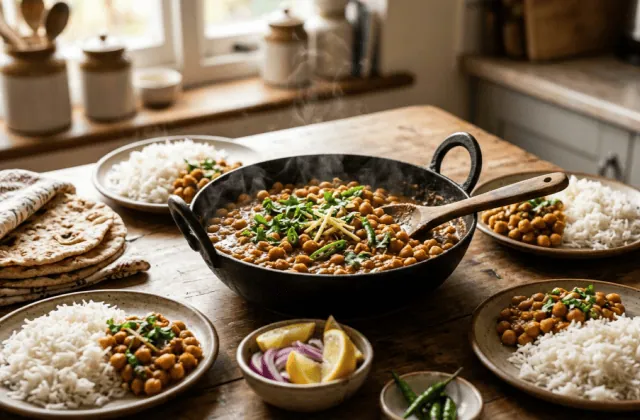 Chana masala maison dans une karahi, assiettes de riz basmati, galettes, oignon rouge, citron et piments verts