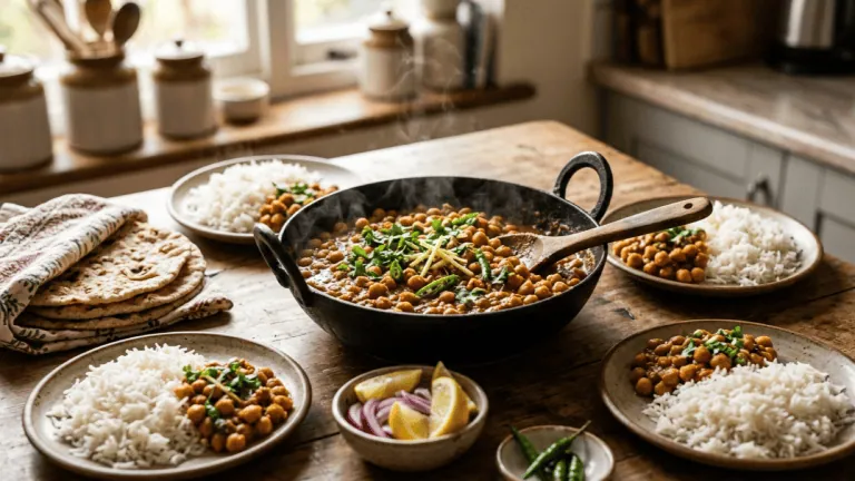 Chana masala maison dans une karahi, assiettes de riz basmati, galettes, oignon rouge, citron et piments verts
