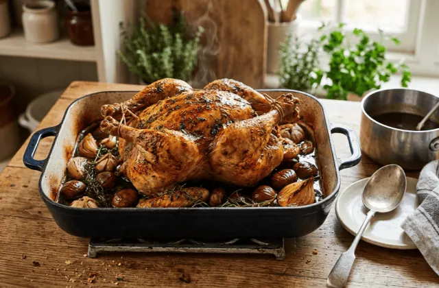 Chapon rôti aux marrons tout juste sorti du four dans son plat, marrons enrobés du jus de cuisson