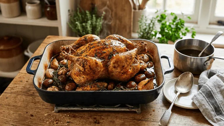 Chapon rôti aux marrons tout juste sorti du four dans son plat, marrons enrobés du jus de cuisson