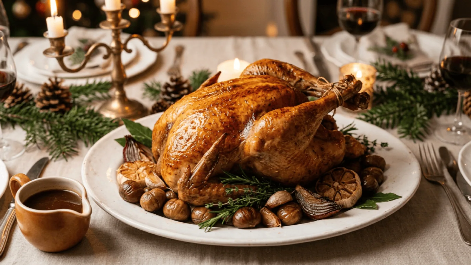 Chapon rôti entier à la peau dorée, entouré de marrons, d’ail en chemise et de thym, sur une table de Noël