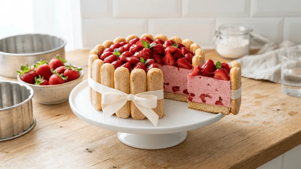 Charlotte aux fraises maison démoulée sur un présentoir, biscuits cuillère, mousse rose et fraises fraîches