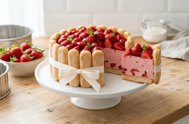 Charlotte aux fraises maison démoulée sur un présentoir, biscuits cuillère, mousse rose et fraises fraîches