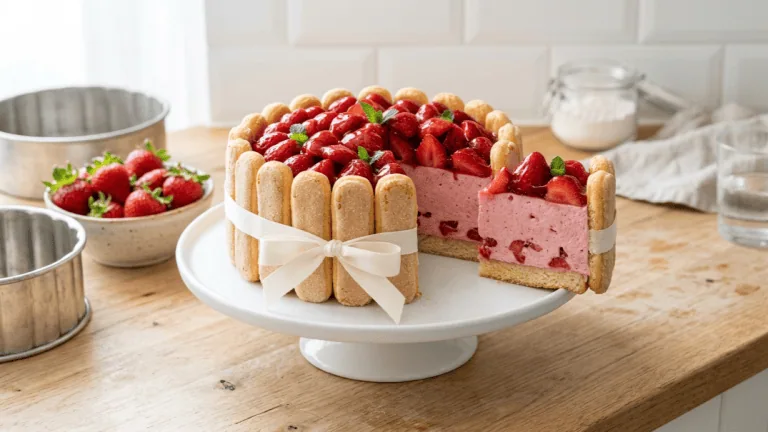 Charlotte aux fraises maison démoulée sur un présentoir, biscuits cuillère, mousse rose et fraises fraîches
