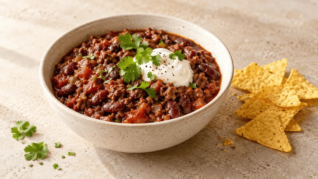 Chili con carne express aux haricots rouges dans un bol en grès