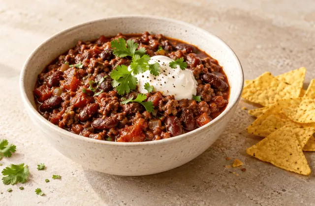 Chili con carne express aux haricots rouges dans un bol en grès