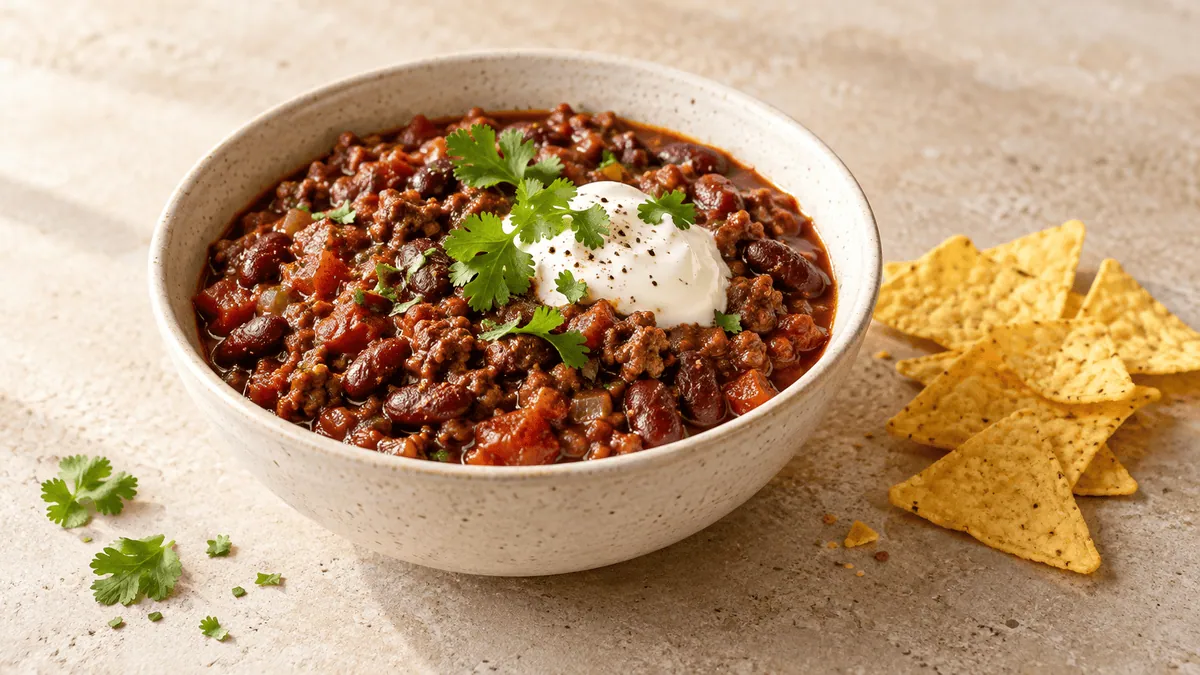 Chili con carne express aux haricots rouges dans un bol en grès