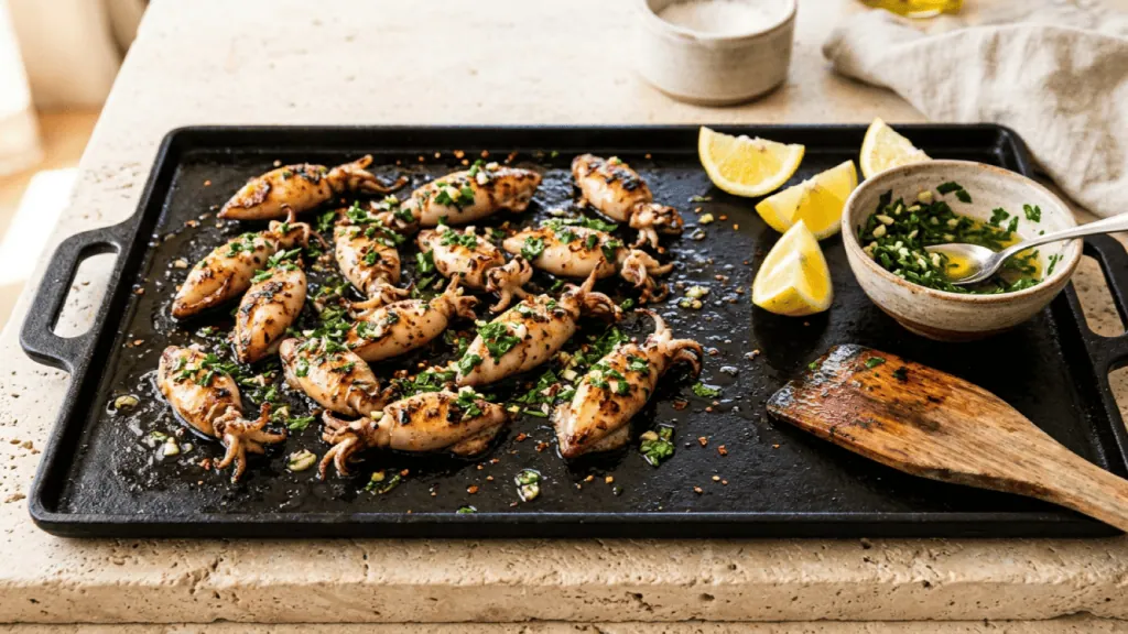 Chipirons à la plancha en persillade, petits calamars saisis et dorés, ail, persil, piment d’Espelette et citron