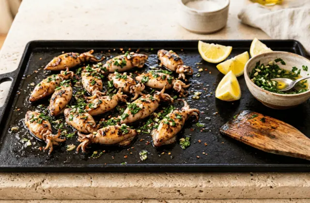 Chipirons à la plancha en persillade, petits calamars saisis et dorés, ail, persil, piment d’Espelette et citron
