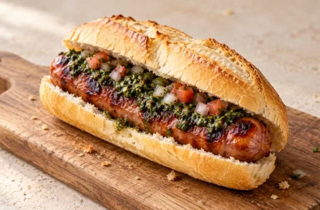Choripán argentin au chorizo grillé, chimichurri et salsa criolla